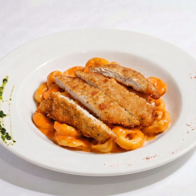 Tortellini Alla Panna with Breaded Chicken.